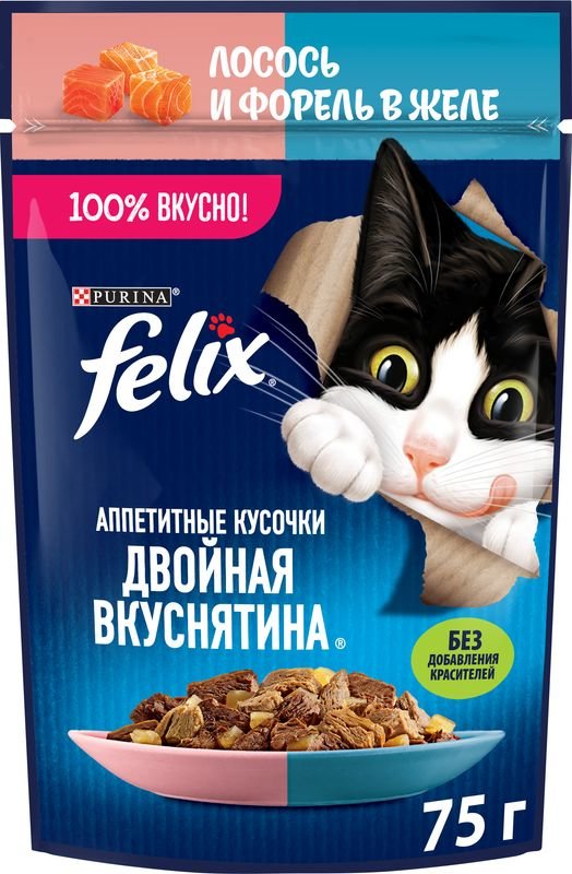 Влажный корм для кошек Felix Двойная вкуснятина с лососем и форелью в желе 75г