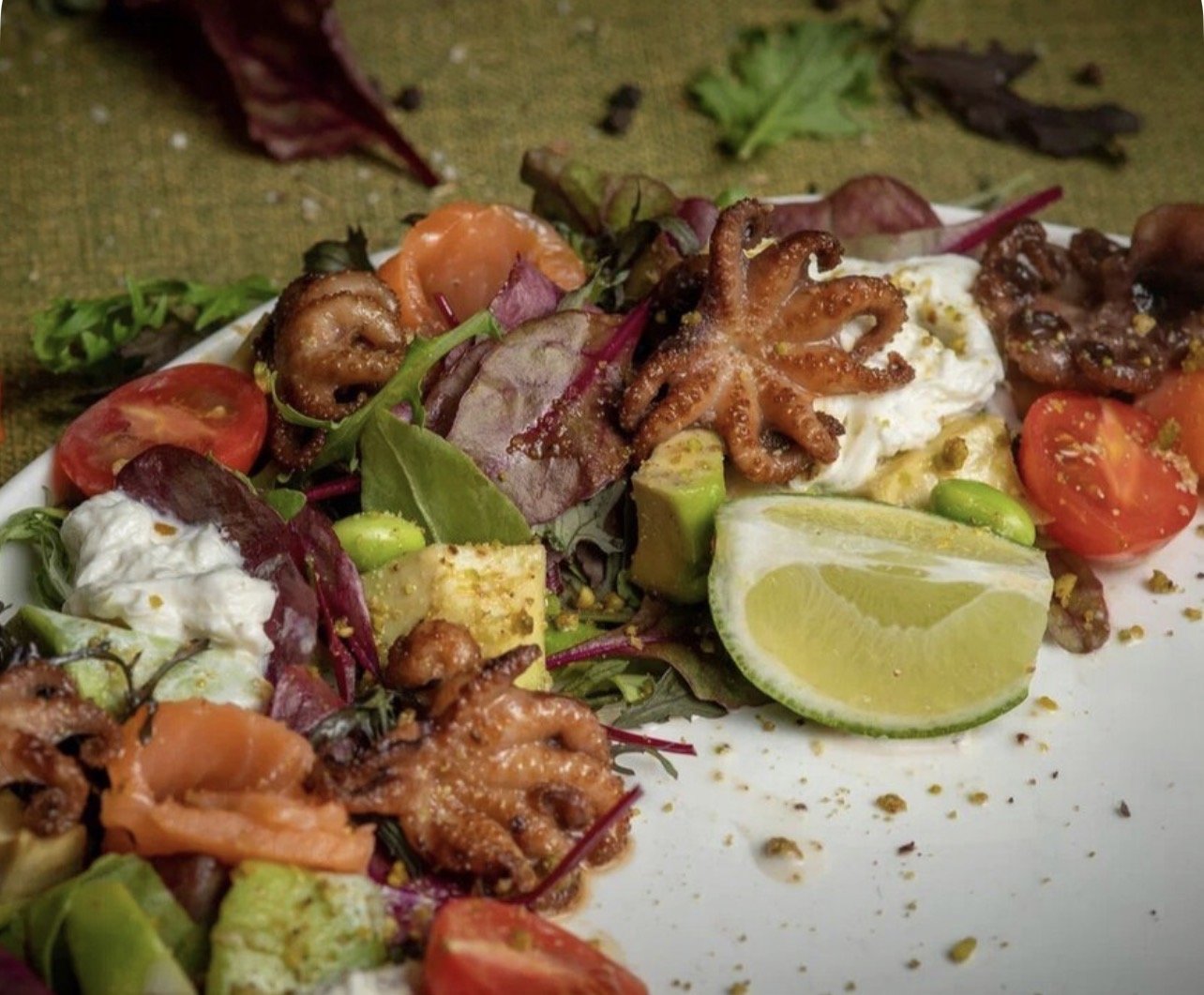 Салат с семгой с осьминожками